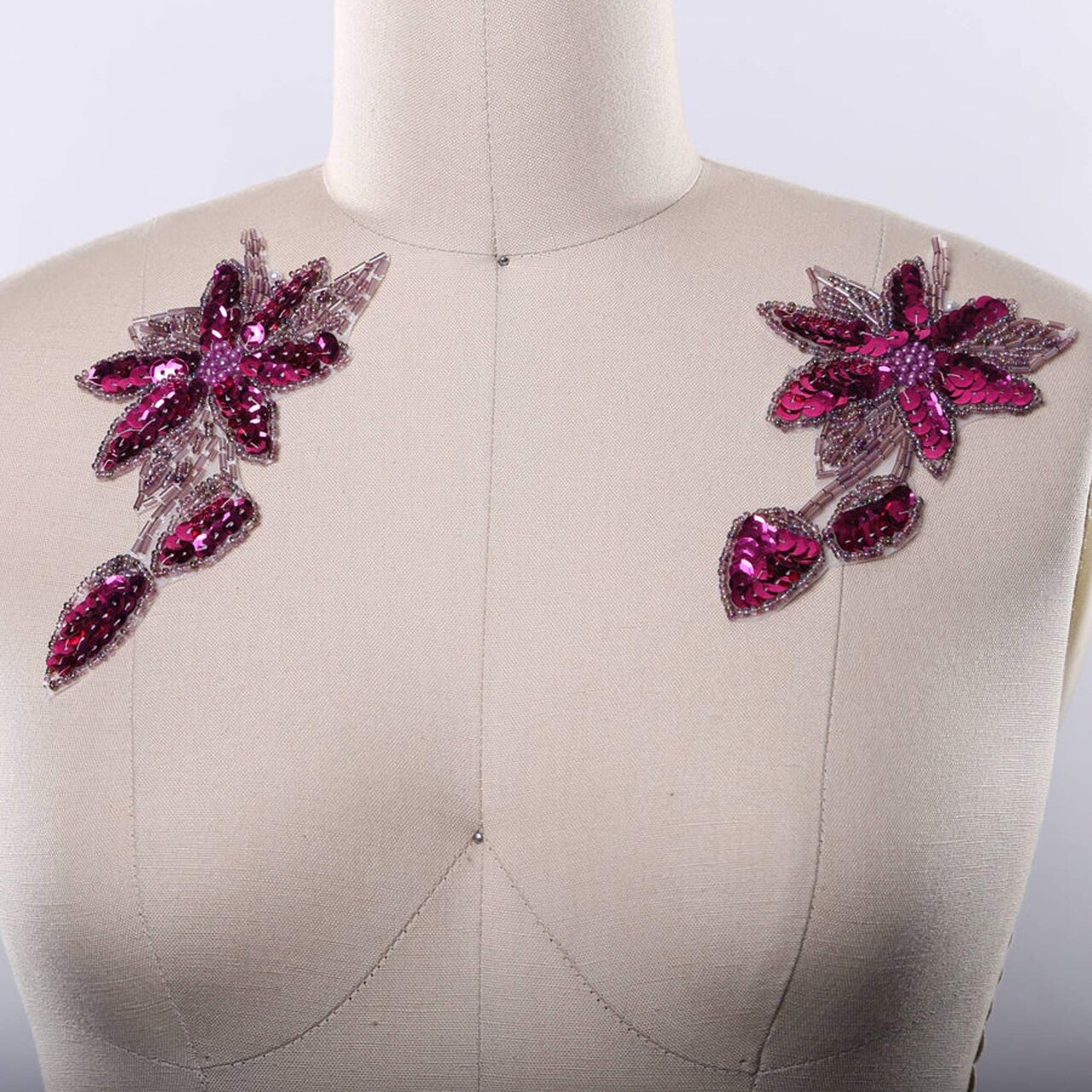 6" x 3.25" Magenta Beaded Flower Patches Set of 2 Sequined Iron-On Appliques with Leaf Detail